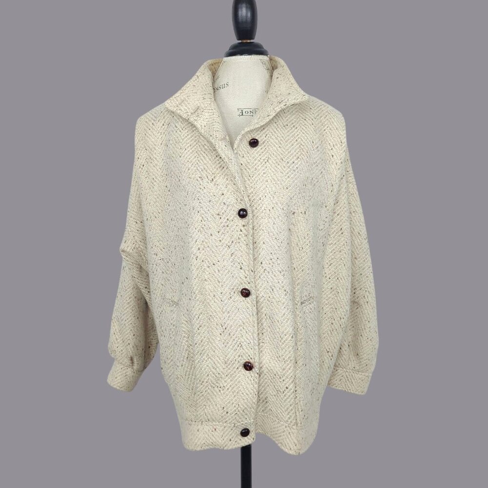 Vintage 80s Cream Tweed Pea Coat Medium PLC Wool Short Oatmeal